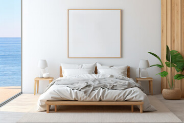 Warm colored bedroom by the sea poster mockup