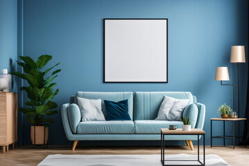 Display poster frame mockup in a minimalist modern living room interior background
