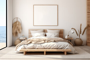 Poster frame mockup in a minimalist bedroom