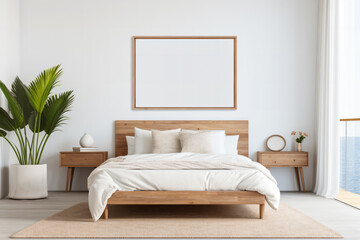 Warm colored bedroom by the sea poster mockup