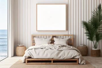 Fototapeta premium Warm colored bedroom by the sea poster mockup