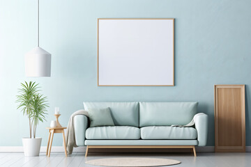 Display poster frame mockup in blue minimalist modern living room interior background