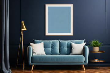 Display poster frame mockup in blue minimalist modern living room interior background