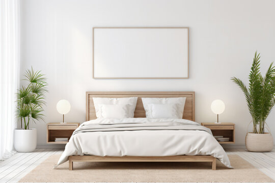 Poster frame mockup in a minimalist bedroom