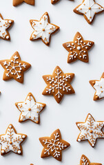 Christmas ginger and honey cookie on isolated background in minimalistic sryle. Star, fir tree, snowflake shape.