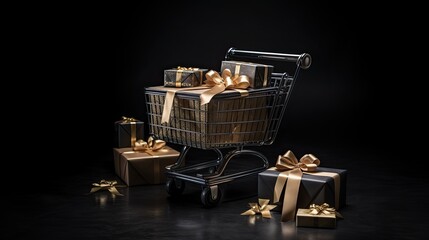 Portrait shopping cart with gift box on the black background AI Generative