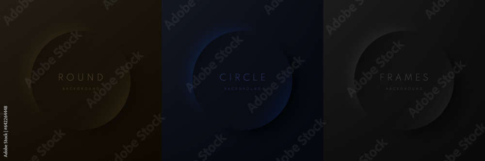 Poster set of 3d dark circles frames background in neumorphism. design. black, gray and dark blue round pod