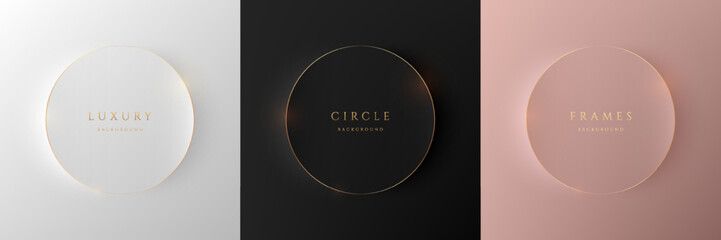 Set of 3D luxury circles frames background. Black, silver and pink gold podium with golden stripes in top view design. Product display presentation with copy space. Minimal scene. Vector illustration.