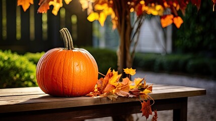 Portrait Pumpkins on the table with light exposure AI Generative