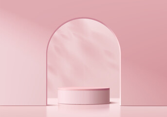 Abstract 3D pink cylinder pedestal podium background with leaf shadow in arch gate. Product display mockup presentation. Pastel minimal wall scene. Stage showcase. Platforms vector geometric design. - obrazy, fototapety, plakaty