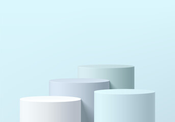 Set of abstract 3D pastel blue and white cylinder pedestal podium background. Cosmetic product display mockup presentation. Minimal wall scene. Round stage showcase. Platforms vector geometric design.