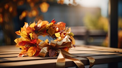 Naklejka na ściany i meble Portrait autumn leaf wreath with ribbon AI Generative