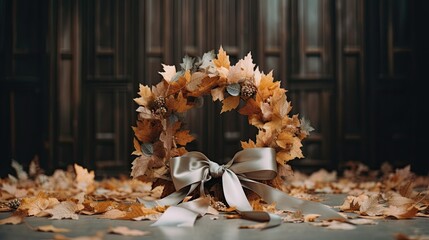 Portrait autumn leaf wreath with ribbon AI Generative