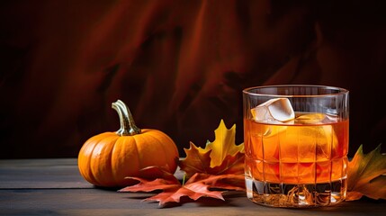 Naklejka premium Portrait pumpkin with a glass cocktail on the table Ai Generative