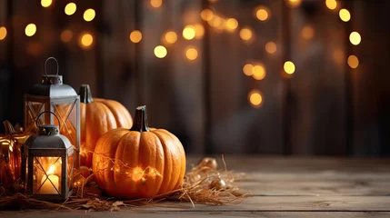 Foto op Canvas Halloween fall pumpkins on straw lit sparkling party lights behind © twilight mist