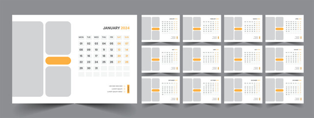 Calendar 2024 planner corporate template design set. Week starts on Monday. template for annual calendar 2024