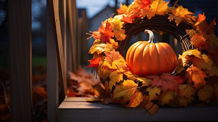 Portrait pumpkin with autumn leaf wreath AI Generative