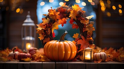 Portrait pumpkin with autumn leaf wreath AI Generative