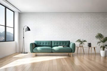 White minimalist living room interior with sofa on a wooden floor, decor on a large wall, white landscape in window. Home nordic interior. 3d rendering