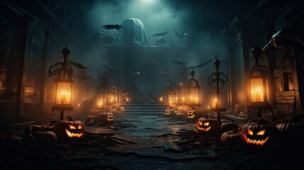 Halloween spooky background, scary pumpkins with smoke in old big creepy ghosts