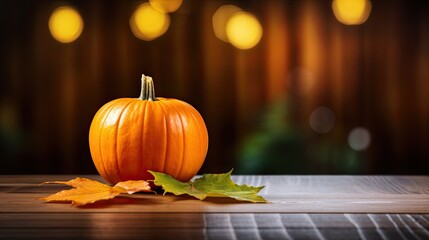 Portrait Pumpkin with maple leaf on the wooden table AI Generative