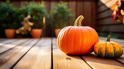 Portrait Pumpkin with maple leaf on the wooden table AI Generative