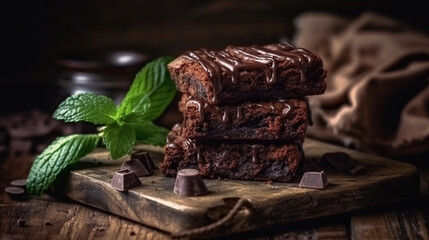 A stack of chocolate brownies on wooden background with mint leaf on top, homemade bakery and dessert. Generative AI