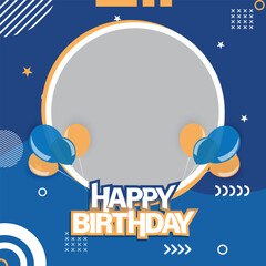 Happy birthday social media post, squire banner template with balloons and abstract elements.	