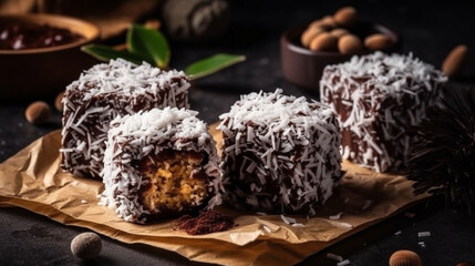 Australian Lamingtons cake. Sponge cake with chocolate glaze and grated coconut. Generative AI - obrazy, fototapety, plakaty