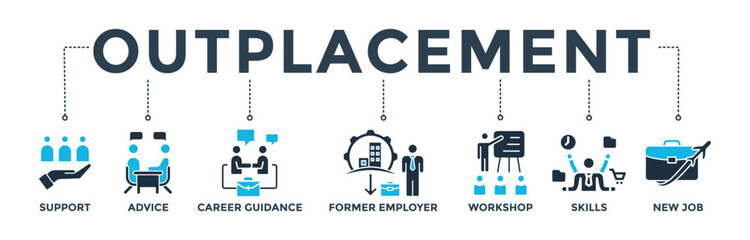 Outplacement banner web icon vector illustration concept with icon of support, advice, career guidance, former employer, workshop, skills, new job, training, and presentation