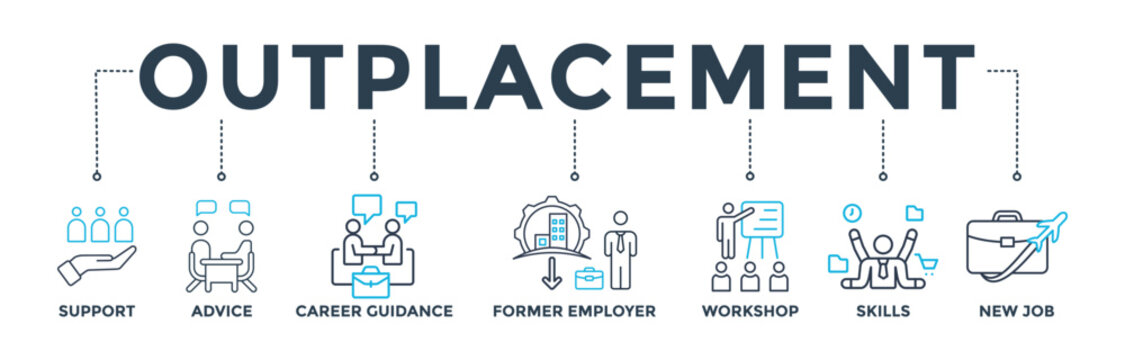 Outplacement banner web icon vector illustration concept with icon of support, advice, career guidance, former employer, workshop, skills, new job, training, and presentation
