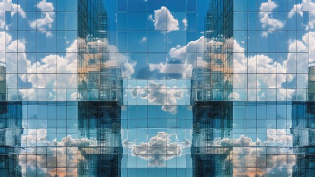 Office building with many windows reflect cloud and sky, creative architecture photot. Generative AI image weber.