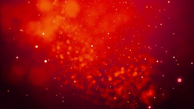 red christmas background. glittering glowing snowflakes particles and bokeh lights falling shiny background.