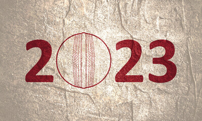 Cricket ball build in 2023 year number. Game equipment. Professional sport, classic ball for official competitions and tournaments.