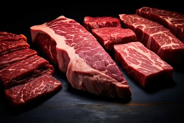 Various Wagyu Beef cuts arranged on a table, showcasing the texture, and quality of premium meat. Generative AI