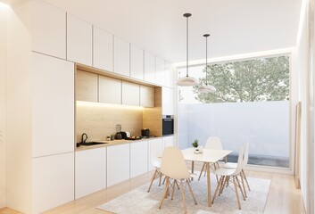 Minimal white kitchen and dining table. 3D illustration rendering
