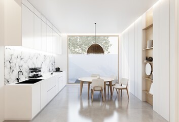 Minimal white kitchen and dining table. 3D illustration rendering