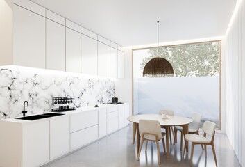 Minimal white kitchen and dining table. 3D illustration rendering