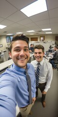 Obraz premium Smiling office workers looking at the smart phone camera talking to other coworkers remotely