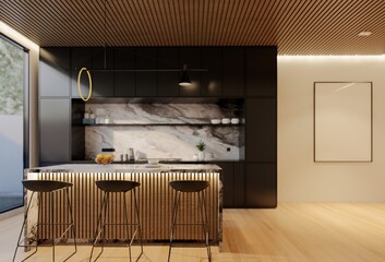 Minimal white kitchen and dining table. 3D illustration rendering