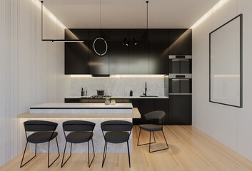Minimal white kitchen and dining table. 3D illustration rendering