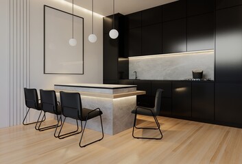 Minimal white kitchen and dining table. 3D illustration rendering