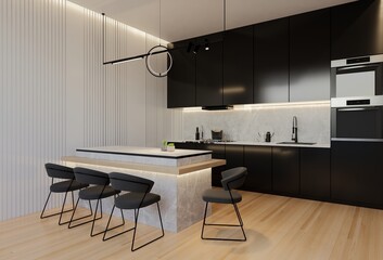 Minimal white kitchen and dining table. 3D illustration rendering