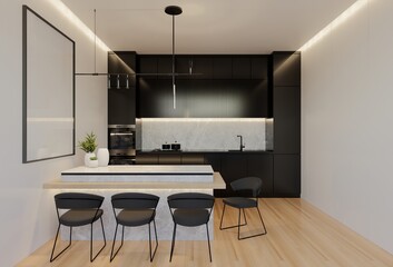 Minimal white kitchen and dining table. 3D illustration rendering