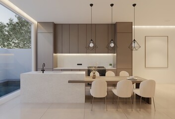 Minimal white kitchen and dining table. 3D illustration rendering