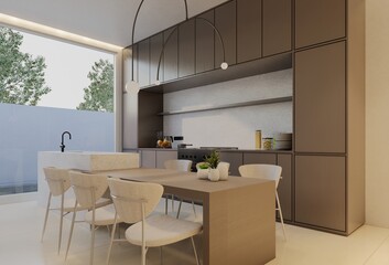 Fototapeta na wymiar Minimal white kitchen and dining table. 3D illustration rendering