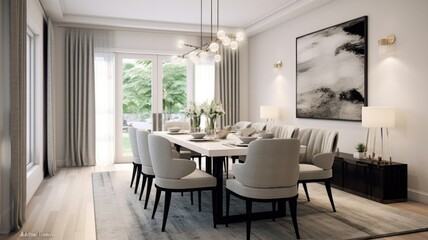 Interior design inspiration of Modern Contemporary style home dining room loveliness decorated with Marble and Glass material and Chandelier .Generative AI home interior design .