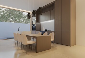 Minimal white kitchen and dining table. 3D illustration rendering