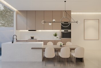 Minimal white kitchen and dining table. 3D illustration rendering