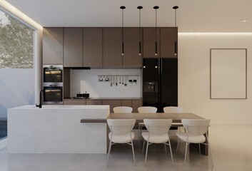 Minimal white kitchen and dining table. 3D illustration rendering